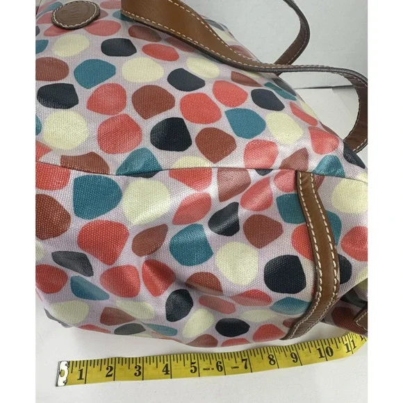 *Flawed Fossil Multicolor Geo Dot Print Coated Satchel Tote Bag Zip Top w/ Strap - Picture 6 of 16